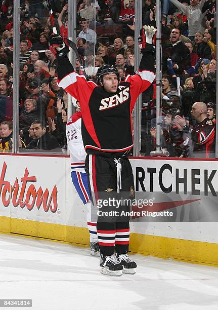 Dany Heatley of the Ottawa Senators celebrates his third period goal against the Montreal Canadiens at Scotiabank Place on January 17, 2009 in...