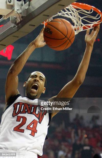 Rene Rougeau of the UNLV Rebels dunks during the first half of a game against the Wyoming Cowboys at the Thomas & Mack Center January 17, 2009 in Las...