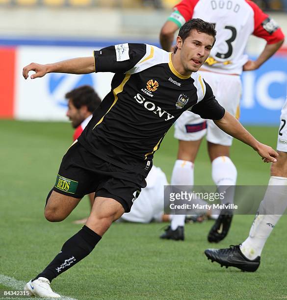Costa Barbarouses of the Phoenix celebrates a goal during the round 20 A-League match between the Wellington Phoenix and Adelaide United held at...