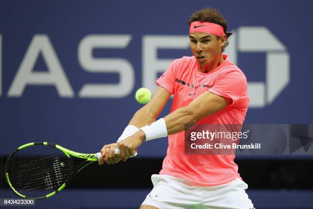 Rafael Nadal of Spain returns a shot against Andrey Rublev of Russia during their Men's Singles Quarterfinal match on Day Ten of the 2017 US Open at...