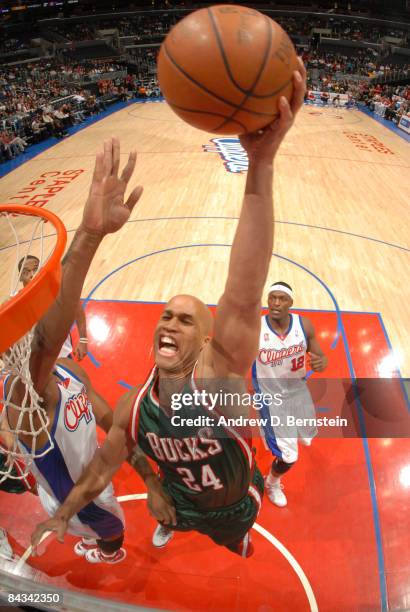 Richard Jefferson of the Milwaukee Bucks goes up for a dunk against the Los Angeles Clippers at Staples Center on January 17, 2009 in Los Angeles,...