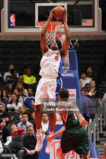 DeAndre Jordan of the Los Angeles Clippers goes up for a reverse dunk against the Milwaukee Bucks at Staples Center on January 17, 2009 in Los...
