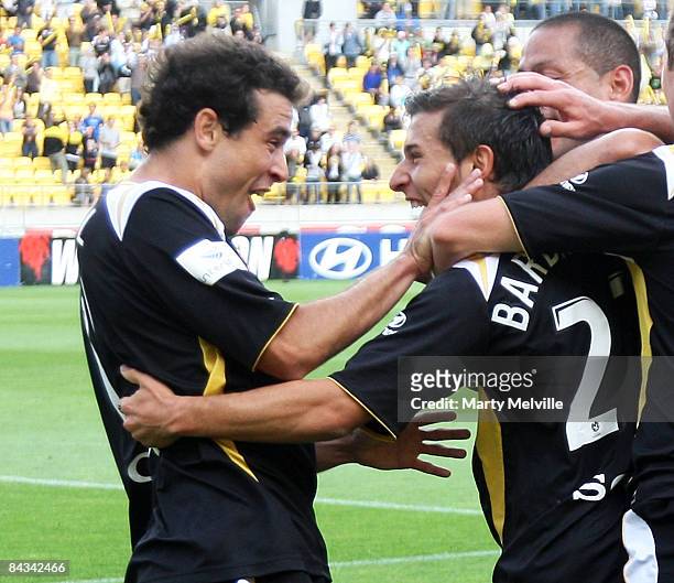 Daniel and Costa Barbarouses of the Phoenix celebrate a goal during the round 20 A-League match between the Wellington Phoenix and Adelaide United...