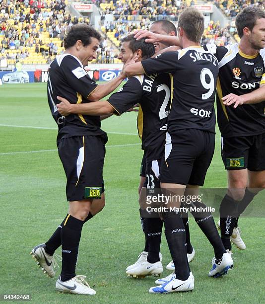 Daniel and Costa Barbarouses of the Phoenix celebrate a goal during the round 20 A-League match between the Wellington Phoenix and Adelaide United...
