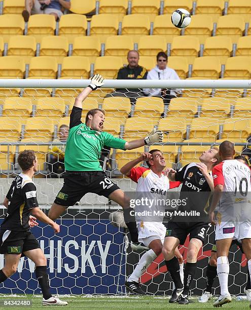 Glen Moss keeper for the Phoenix deflects a shot at goal during the round 20 A-League match between the Wellington Phoenix and Adelaide United held...