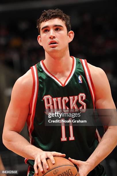Joe Alexander of the Milwaukee Bucks prepares to shoot a free throw during a game against the Los Angeles Clippers at Staples Center on January 17,...