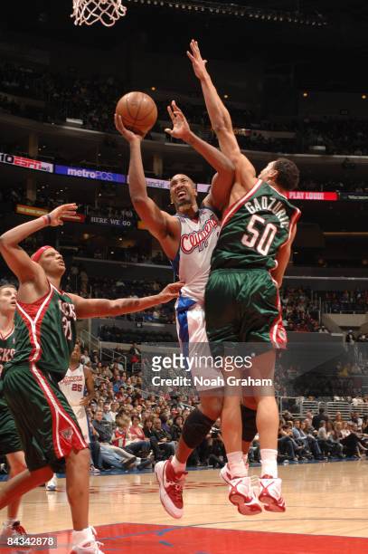 Brian Skinner of the Los Angeles Clippers has his shot challenged by Dan Gadzuric of the Milwaukee Bucks at Staples Center on January 17, 2009 in Los...