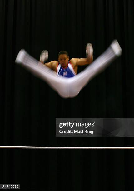 Reiss Beckford of Great Britain competes in the Men's Horizontal Bar Final during day five of the Australian Youth Olympic Festival at Sydney Olympic...