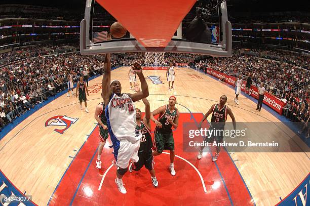 Al Thornton of the Los Angeles Clippers goes up for a shot during a game against the Milwaukee Bucks at Staples Center on January 17, 2009 in Los...