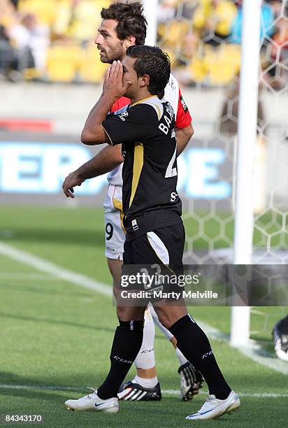 Costa Barbarouses of the Phoenix hides his face after a missed goal the round 20 A-League match between the Wellington Phoenix and Adelaide United...