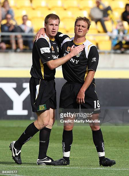 Karl Dod and Ben Sigmund of the Phoenix commiserate a missed goal during the round 20 A-League match between the Wellington Phoenix and Adelaide...