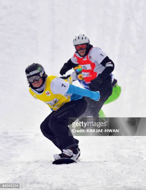 Helene Olafsen of Norway competes ahead of Olivia Nobsof Switzerland during the women's snowboard cross final at the FIS Snowboard World...