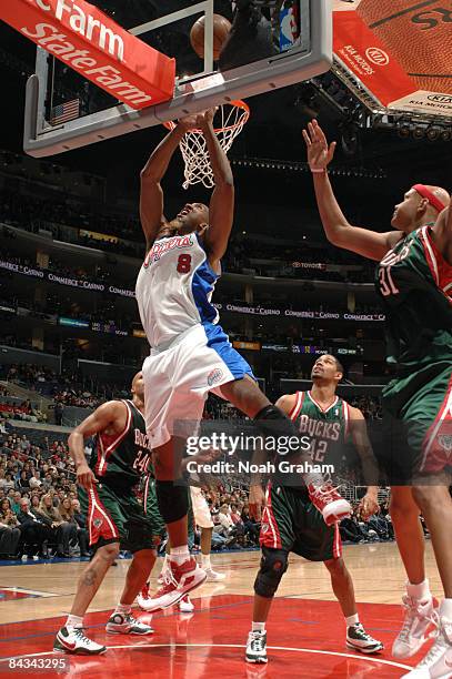 Brian Skinner of the Los Angeles Clippers goes up for a layup against the Milwaukee Bucks at Staples Center on January 17, 2009 in Los Angeles,...