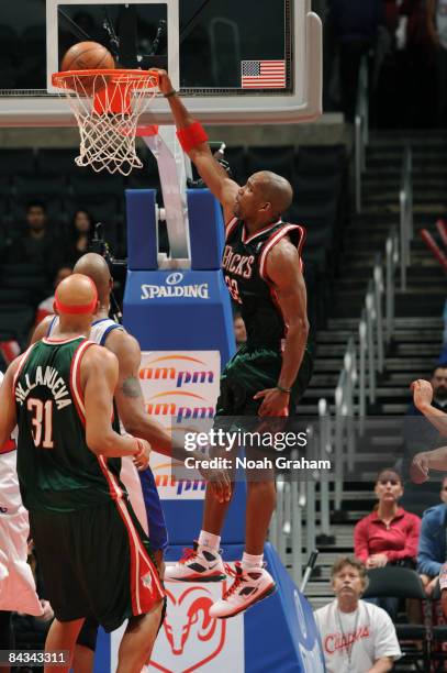 Michael Redd of the Milwaukee Bucks dunks during a game against the Los Angeles Clippers at Staples Center on January 17, 2009 in Los Angeles,...