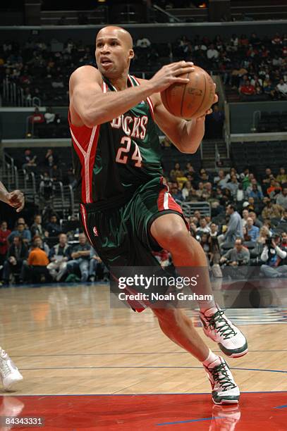 Richard Jefferson of the Milwaukee Bucks drives to the basket against the Los Angeles Clippers at Staples Center on January 17, 2009 in Los Angeles,...