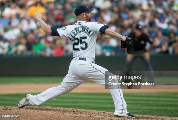 Reliever Marc Rzepczynski of the Seattle Mariners delivers a pitch during a game against the Houston Astros at Safeco Field on September 4, 2017 in...