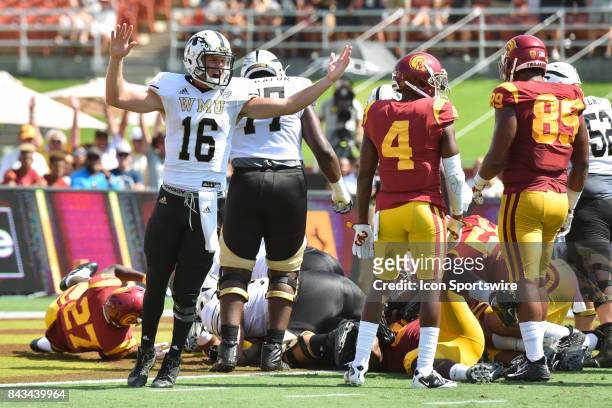 Western Michigan Jon Wassink reacts to a first quarter touchdown in a college football game between the Western Michigan Broncos and the USC Trojans...