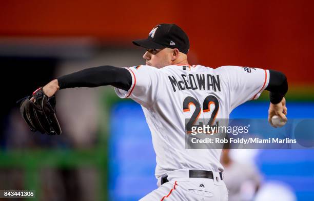 Dustin McGowan of the Miami Marlins pitches during the game against the Colorado Rockies at Marlins Park on August 11, 2017 in Miami, Florida.
