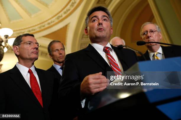 Sen. Cory Gardner , accompanied by Sen. John Barrasso , Sen. John Thune , and Senate Majority Leader Mitch McConnell , speaks with reporters...