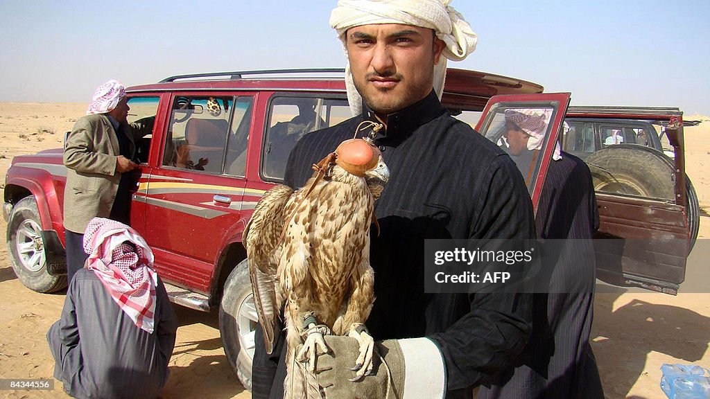 An Emirati hunter poses with a hawk befo