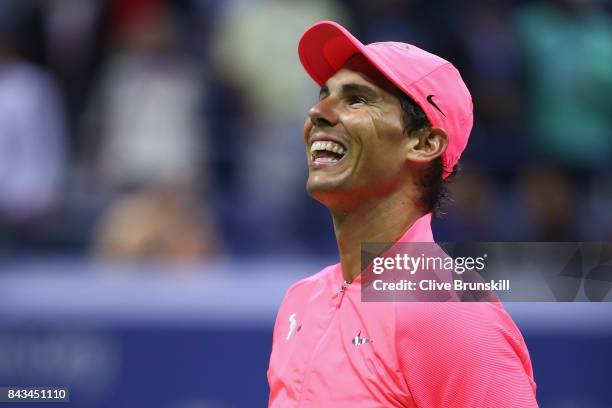 Rafael Nadal of Spain celebrates defeating Andrey Rublev of Russia after their Men's Singles Quarterfinal match on Day Ten of the 2017 US Open at the...