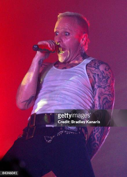 Keith Flint of the band The Prodigy performs on stage during the Big Day Out 2009 in the Gold Coast Parklands on January 18, 2009 on the Gold Coast,...