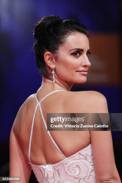 Penelope Cruz, earings details, walks the red carpet ahead of the 'Loving Pablo' screening during the 74th Venice Film Festival at Sala Grande on...