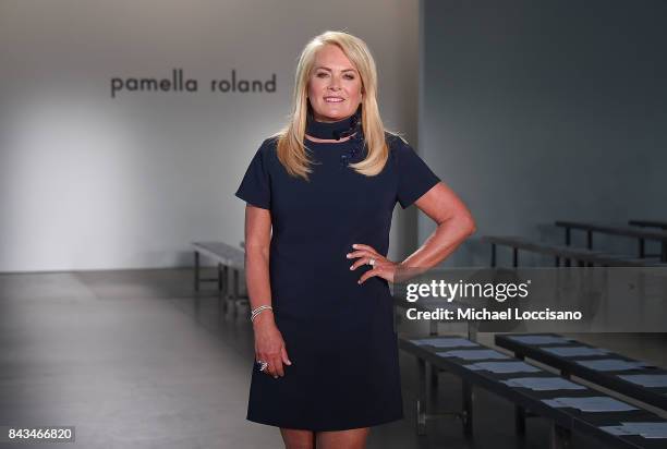 Designer Pamella Roland poses before her Spring 2018 Collection Show during New York Fashion Week at Pier 59 on September 6, 2017 in New York City.