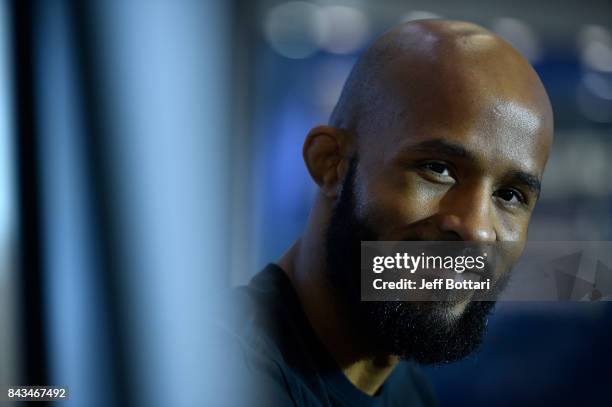 Flyweight champion Demetrious Johnson speaks to the media during the UFC 215 Ultimate Media Day at Rogers Place on September 6, 2017 in Edmonton,...