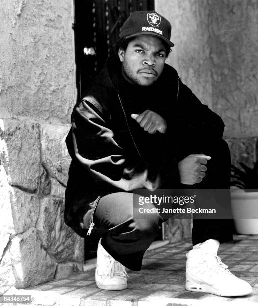 Portrait of O'Shea Jackson , better known as the rapper Ice Cube, at his home in Inglewood, 1990. United States.
