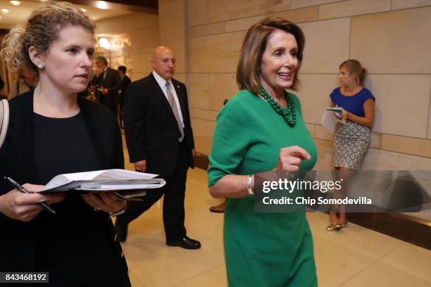 House Minority Leader Nancy Pelosi arrivs for a classified briefing by members of the Trump Administrations national security and defense team at the...