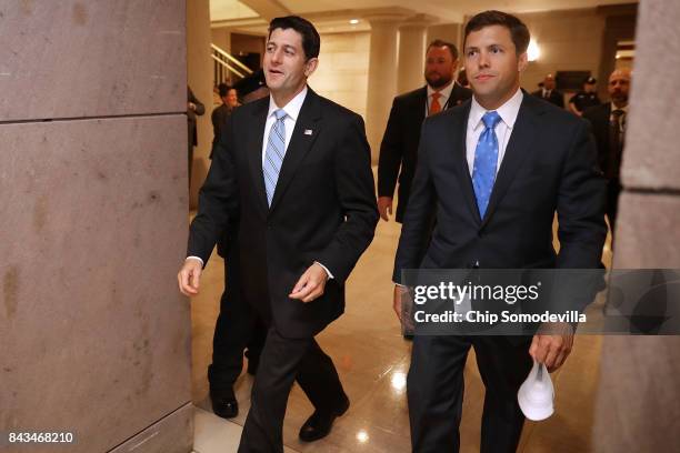 Speaker of the House Paul Ryan leaves a classified briefing by members of the Trump Administrations national security and defense teams at the...