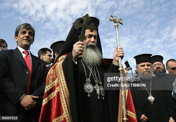 Greek Orthodox Patriarch of Jerusalem Theophilos III arrives at the Monastery of St John the Baptist near the Jordan River during the Epiphany...
