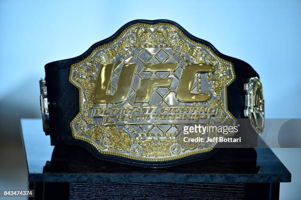 Detail shot of the UFC Championship belt during the UFC 215 Ultimate Media Day at Rogers Place on September 6, 2017 in Edmonton, Alberta, Canada.