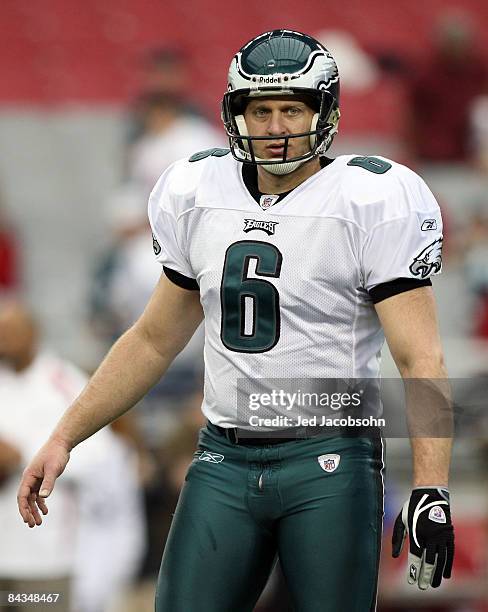 Punter Sav Rocca of the Philadelphia Eagles warms up prior to the NFC championship game against the Arizona Cardinals on January 18, 2009 at...