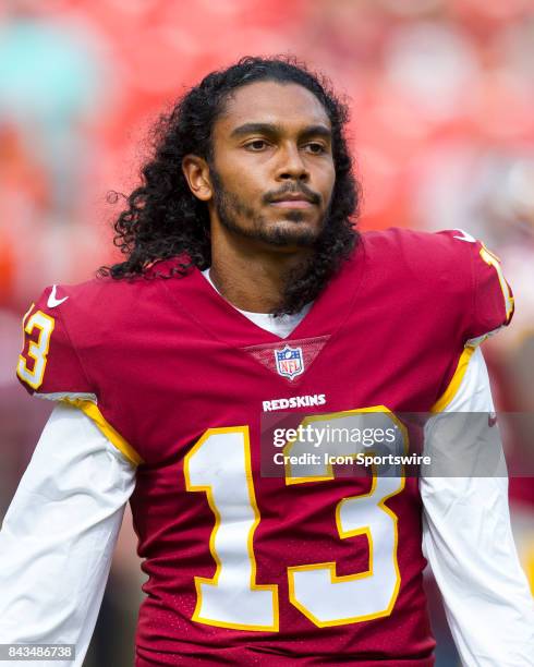 Washington Redskins wide receiver Maurice Harris looks on during the NFL preseason game between the Cincinnati Bengals and the Washington Redskins on...