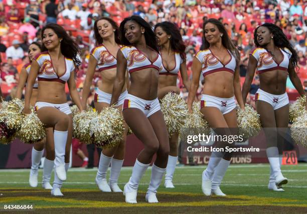 Washington Redskins cheerleaders performing during the NFL preseason game between the Cincinnati Bengals and the Washington Redskins on August 27 at...