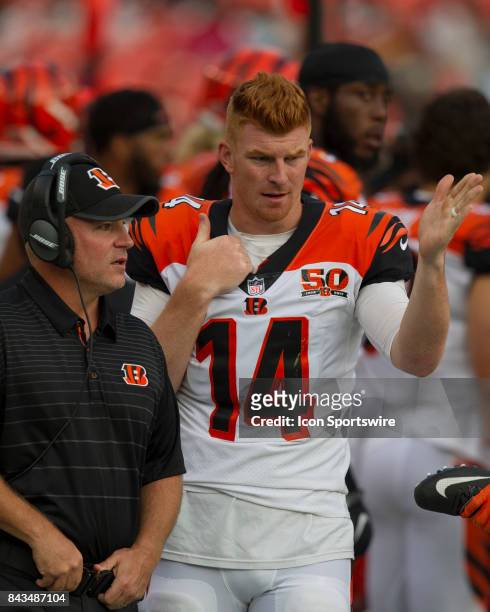 Cincinnati Bengals quarterback Andy Dalton on the sidelines chatting with COACH during the NFL preseason game between the Cincinnati Bengals and the...