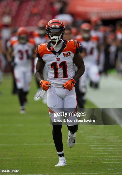 Cincinnati Bengals wide receiver Brandon LaFell leads his teammates onto the field prior to the NFL preseason game between the Cincinnati Bengals and...