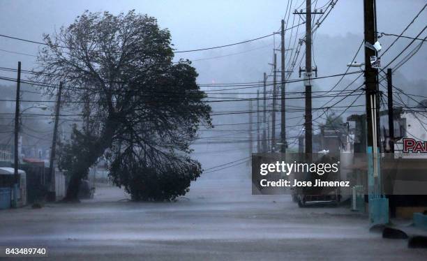 Street is flooded during the passing of Hurricane Irma on September 6, 2017 in Fajardo, Puerto Rico. The category 5 storm is expected to pass over...