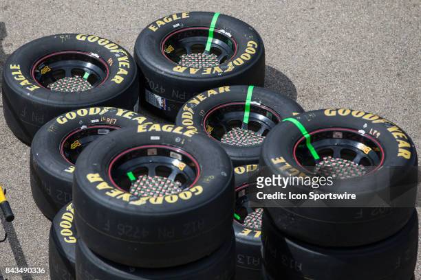 General view of race tires ready for use during the Monster Energy NASCAR Cup Series - Pure Michigan 400 race on August 13, 2017 at Michigan...