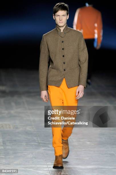 Model walks the runway during the Neil Barrett show part of Milan Fashion Week Autumn/Winter 2009 Menswear on January 18, 2009 in Milan, Italy.