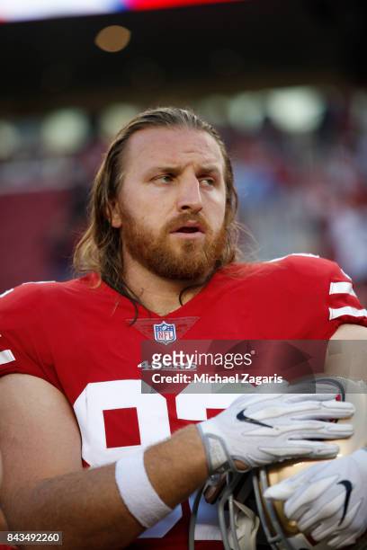 Logan Paulsen of the San Francisco 49ers stands on the sideline prior to the game against the Los Angeles Chargers at Levi's Stadium on August 31,...
