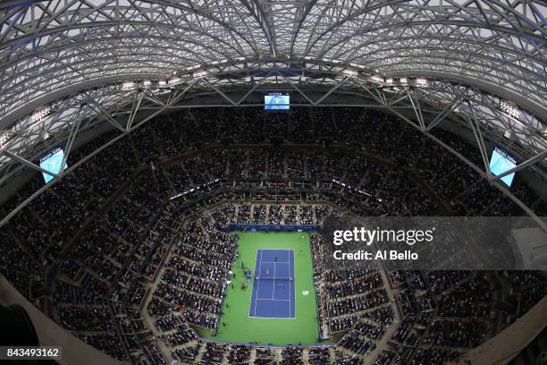 Rafael Nadal of Spain celebrates defeating Andrey Rublev of Russia after their Men's Singles Quarterfinal match on Day Ten of the 2017 US Open at the...