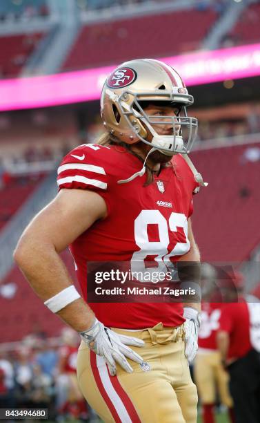 Logan Paulsen of the San Francisco 49ers stands on the field prior to the game against the Los Angeles Chargers at Levi's Stadium on August 31, 2017...