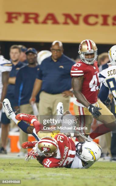 Asa Jackson of the San Francisco 49ers intercepts a pass during the game against the Los Angeles Chargers at Levi's Stadium on August 31, 2017 in...