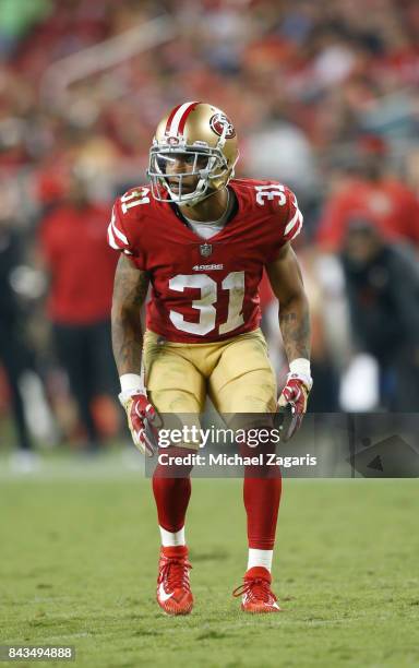 Asa Jackson of the San Francisco 49ers defends during the game against the Los Angeles Chargers at Levi's Stadium on August 31, 2017 in Santa Clara,...