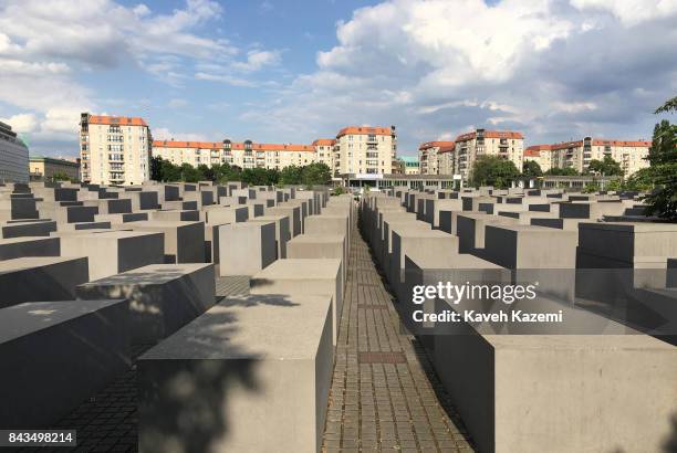 General view of concrete slabs or "stelae" in The Memorial to the Murdered Jews of Europe, also known as the Holocaust Memorial designed by architect...