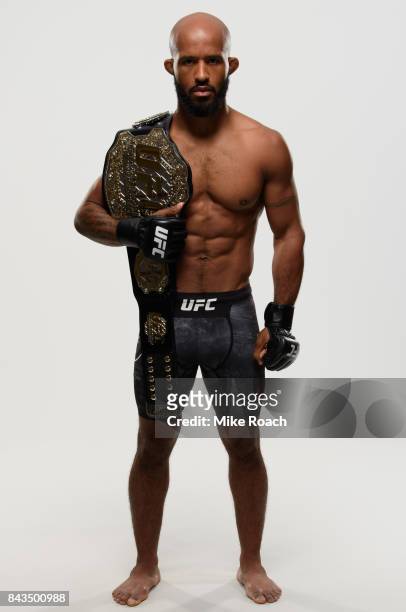 Flyweight champion Demetrious Johnson poses for a portrait during a UFC photo session on September 6, 2017 in Edmonton, Alberta, Canada.