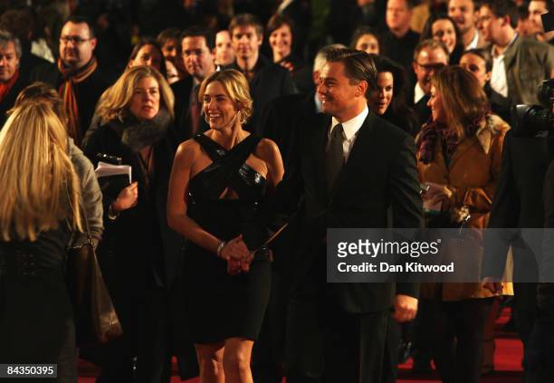 Leonardo DiCaprio and Kate Winslet arrive for the European Film Premiere of 'Revolutionary Road' at the Odeon Leicester Square on January 18, 2009 in...